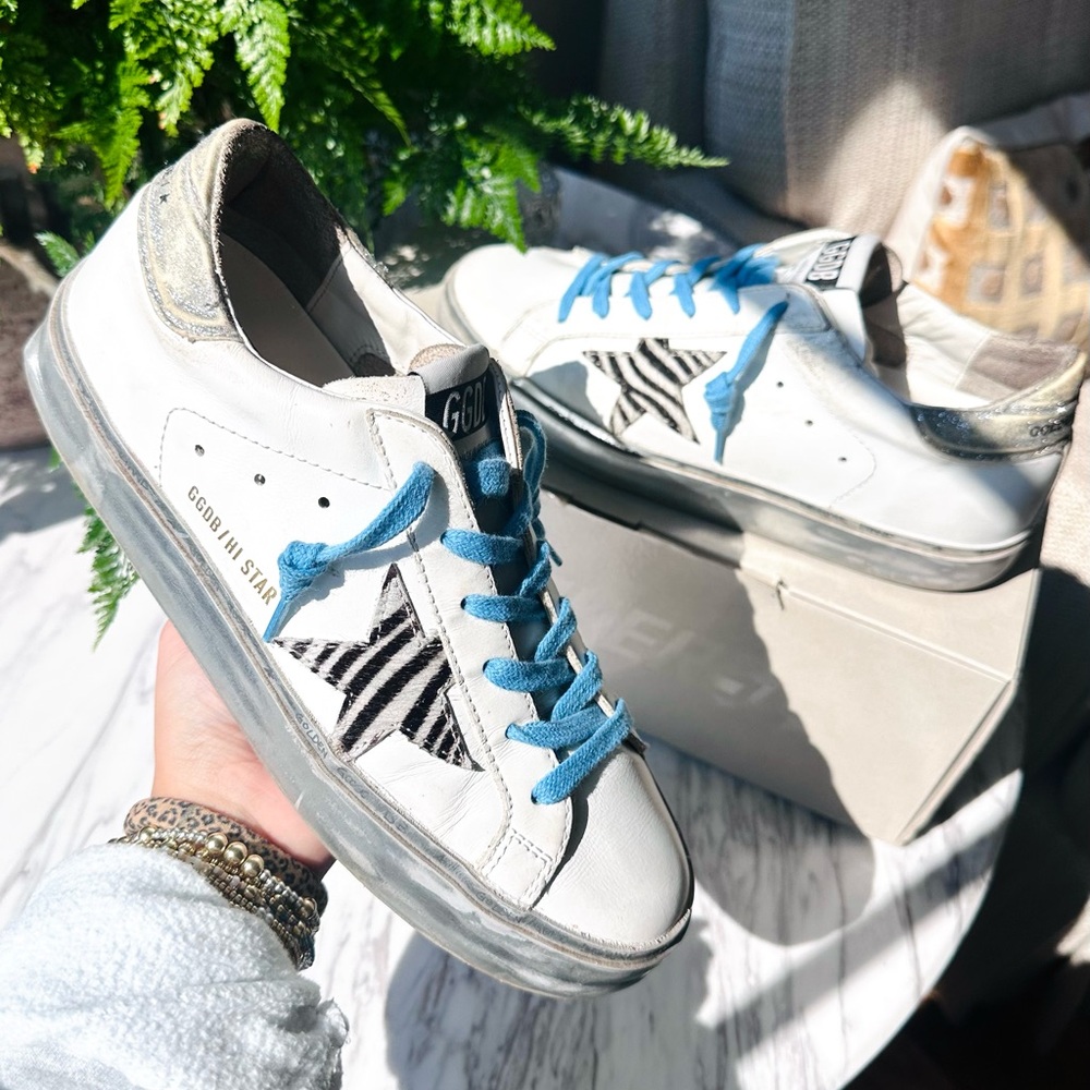Golden Goose Hi Star Sneakers w/ Zebra-Print Pony Skin Star & Glitter Heel Tab